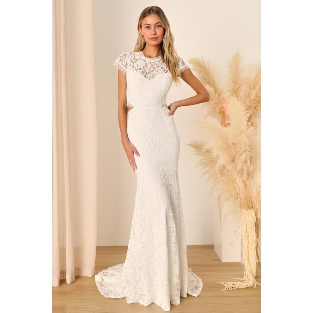 Lulus Devoted To Bliss White Lace Cap Sleeve Cutout Trumpet Maxi Dress - Size M